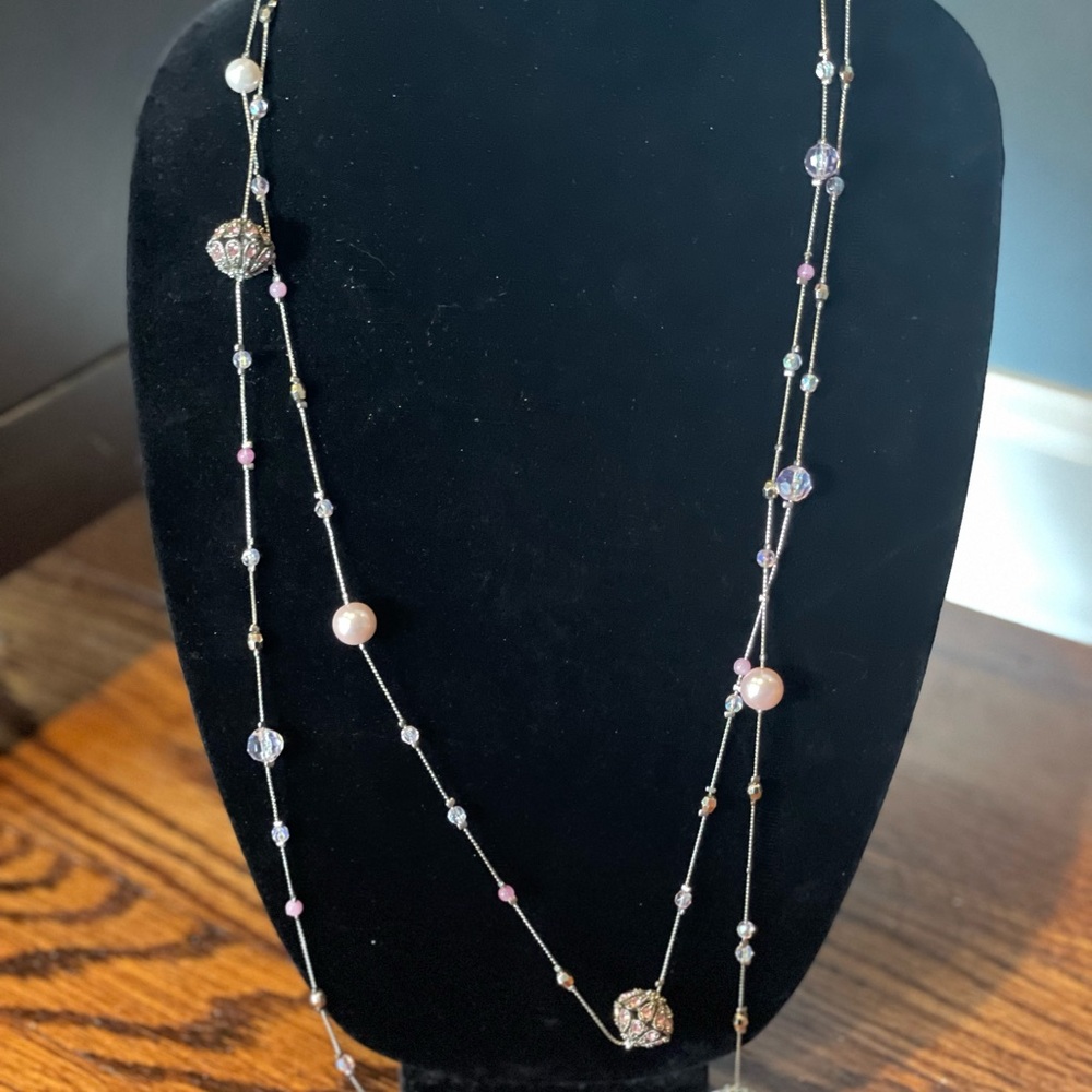 Unique long Necklace with beads and rhinestones